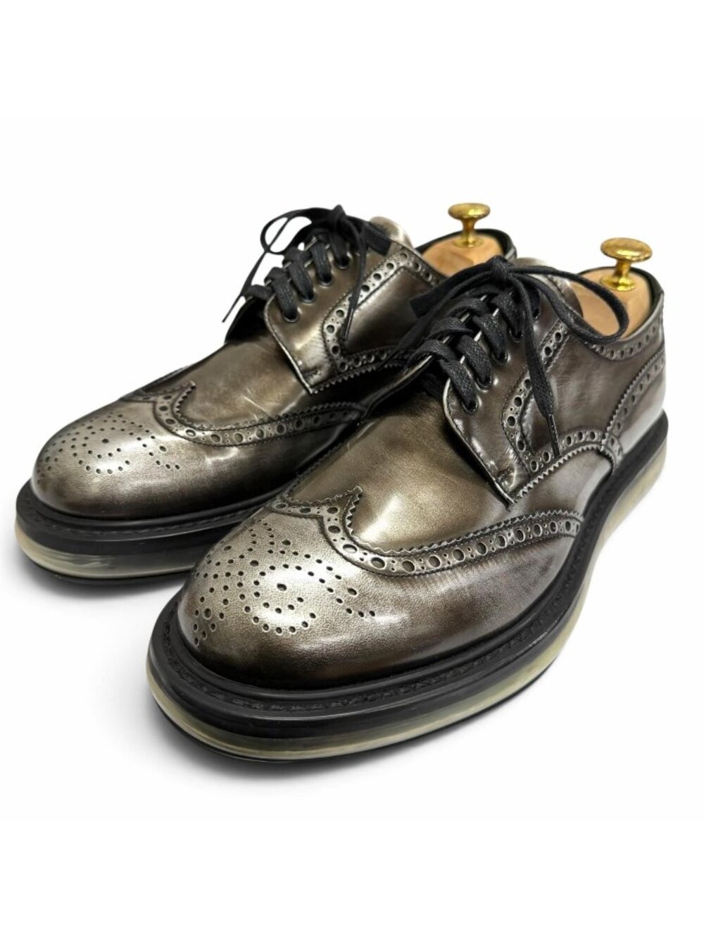 Prada Leather Air Sole Wingtip Full Brogue Lace-up Shoes Silver 6.5